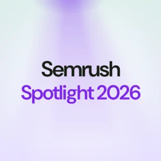 Square Semrush Spotlight 2026 card: dark and purple lettering beneath a lilac spotlight on a light background