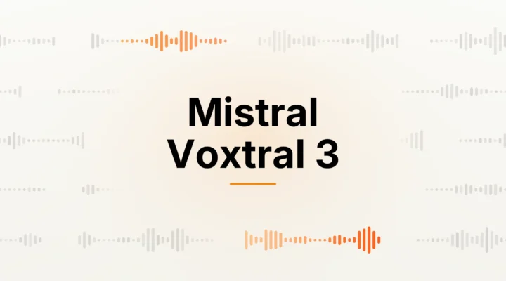 Cover reading Mistral Voxtral 3 in black on cream, framed by faint waveform bars with two runs lit in orange.